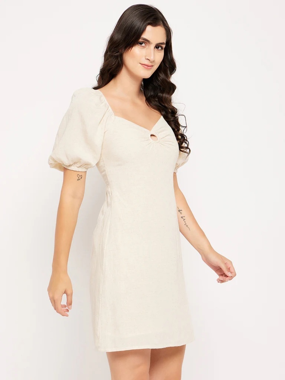 Sim & Sam Ivory Puff Sleeve Mini Dress with Keyhole Detail Size Medium